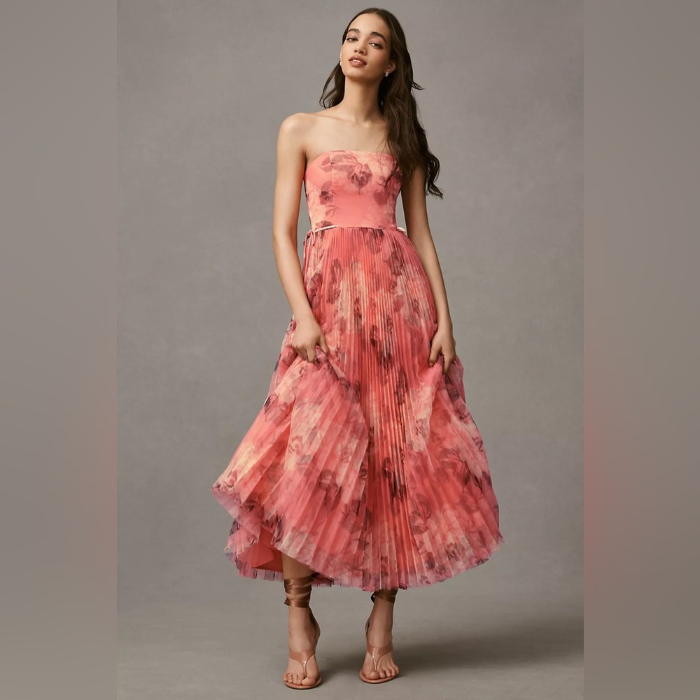 Hutch Strapless Pink Coral Floral Pleated Midi Dress